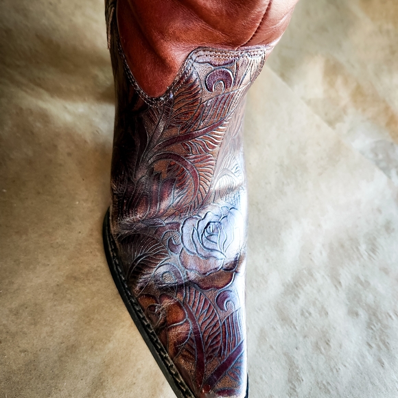 ANTONIO MELANI Brown Leather Embossed Knee-High Heeled Boots - Picture 5 of 8